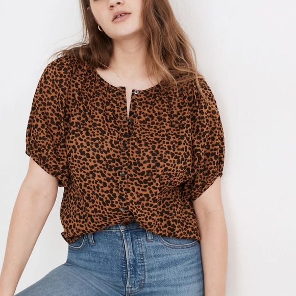 Madewell Balloon-Sleeve Button-Up Top in Painted Leopard, S - Picture 1 of 8